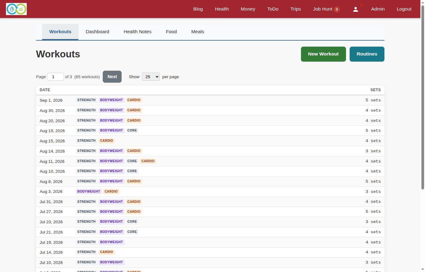 screenshot showing a list of recorded workouts