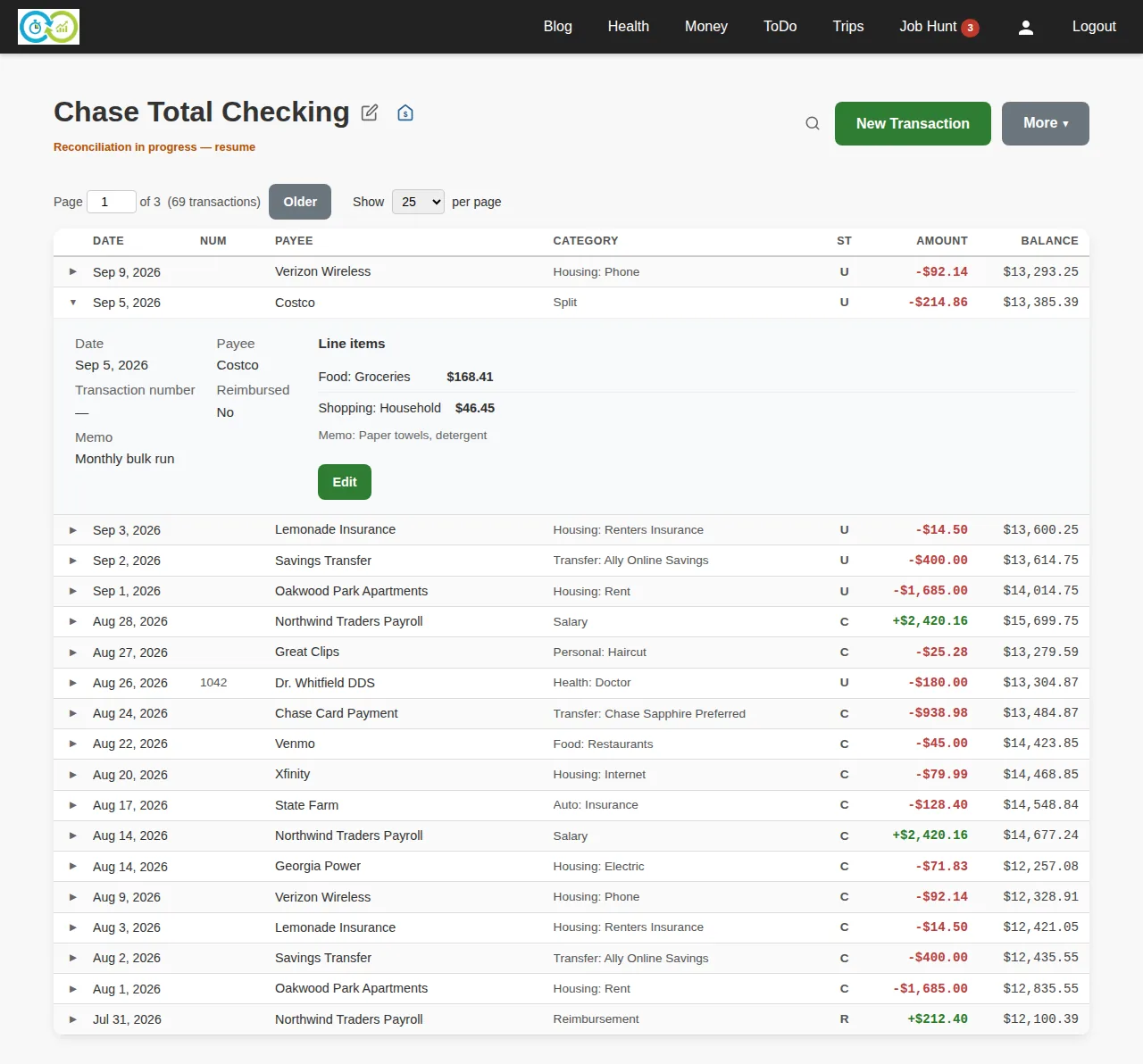 The Chase Total Checking ledger with a split Costco transaction expanded