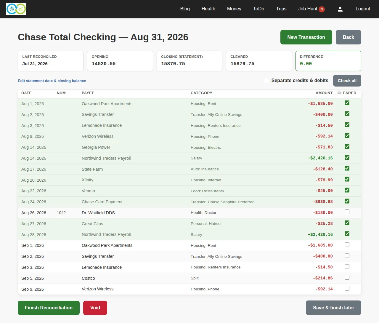 A reconciliation for Chase Total Checking against the August 31 statement, balanced to the penny with one outstanding check