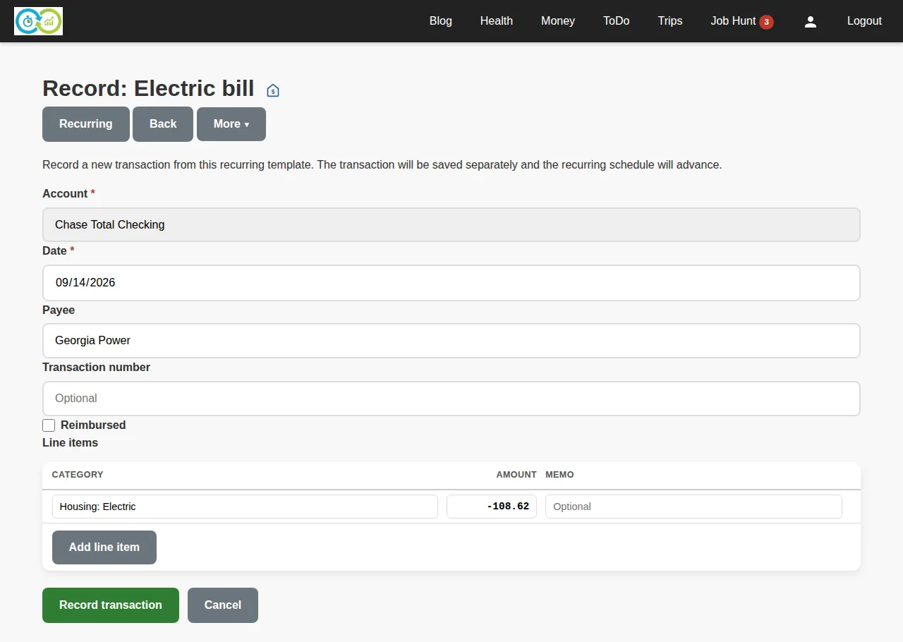 Recording the electric bill from its recurring template, with the amount editable before it posts