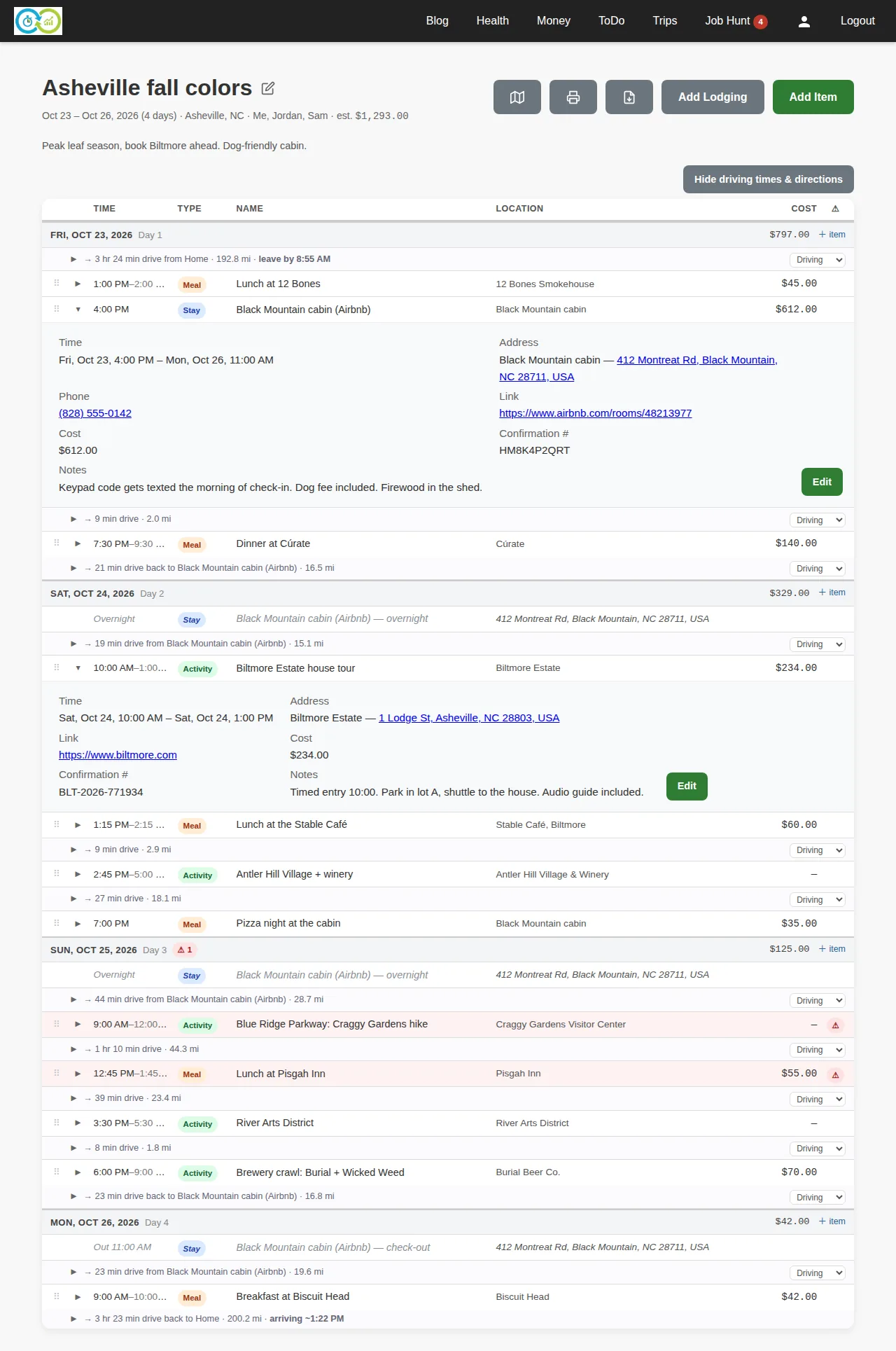 The Asheville trip itinerary: four days of stops with drive times between them, the cabin expanded to show its confirmation number and notes