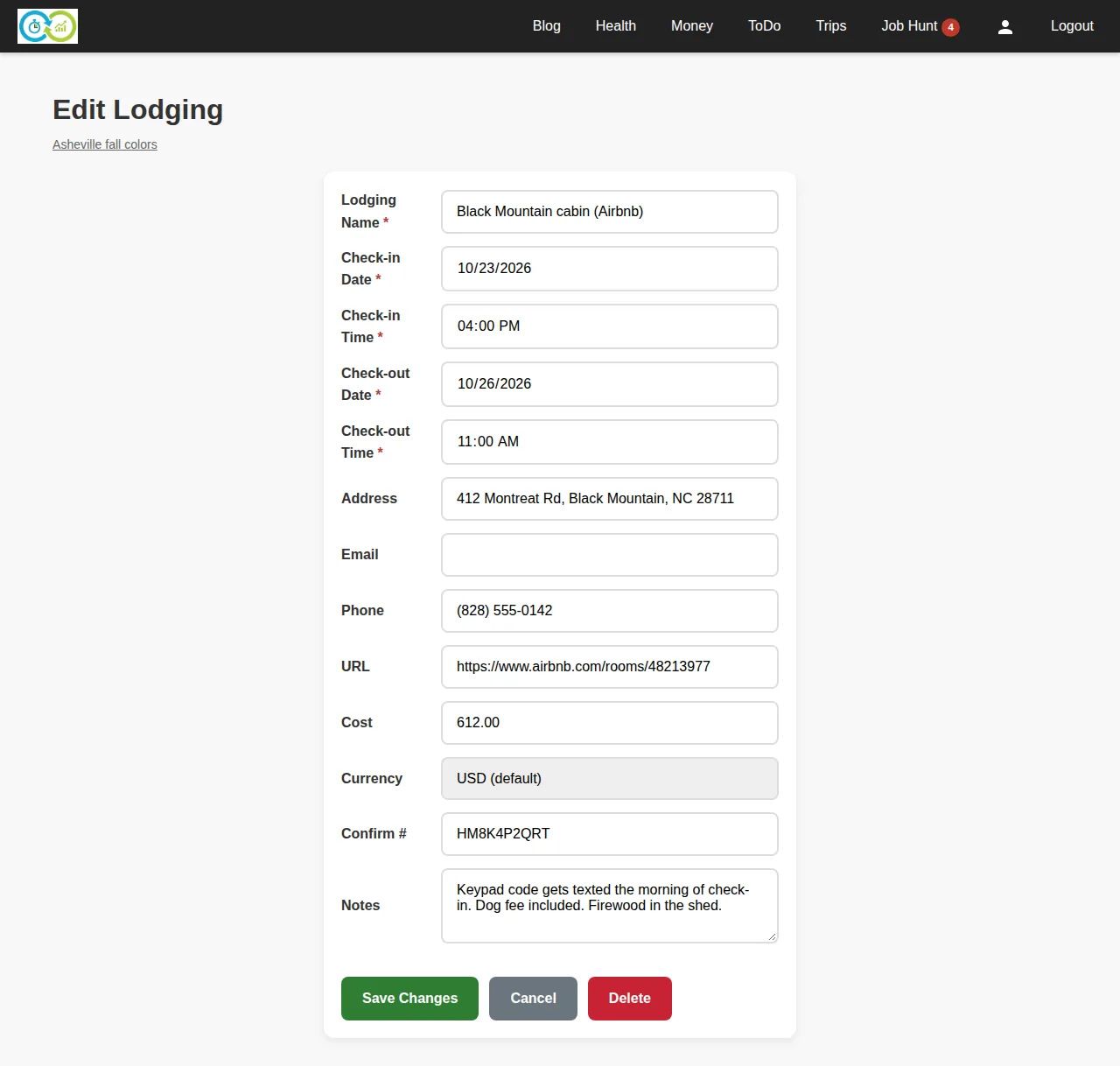 The lodging form for the Black Mountain cabin: check-in and check-out dates and times, address, phone, Airbnb link, cost and confirmation