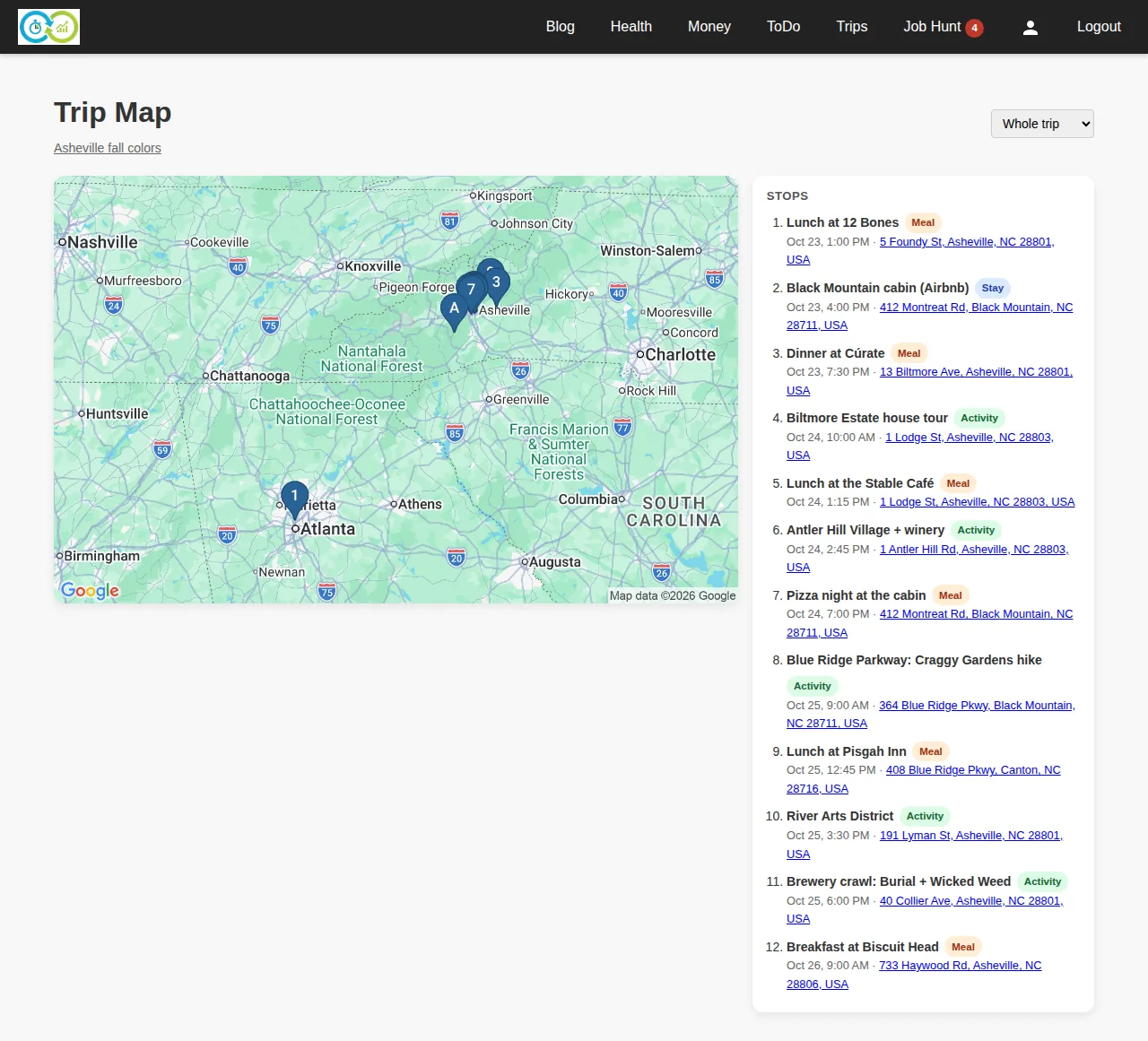 The trip map: numbered stops from Atlanta to Asheville with the stop list beside it