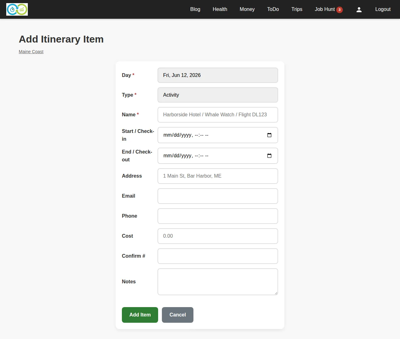 The itinerary item form
