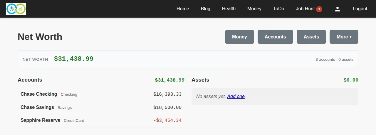 The Net Worth page totalling three accounts to $31,438.99