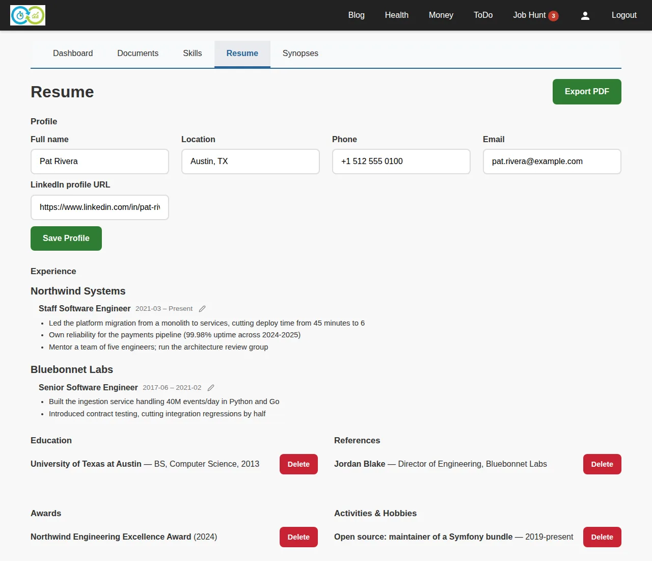 The Résumé builder with profile fields, two experience entries with bullet points, education, references, and awards