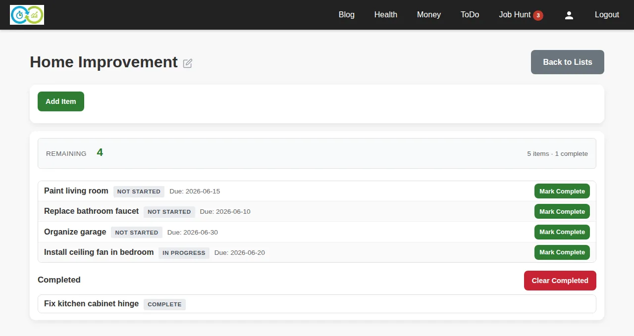 A Home Improvement to-do list with four remaining items showing statuses and due dates, and one completed item