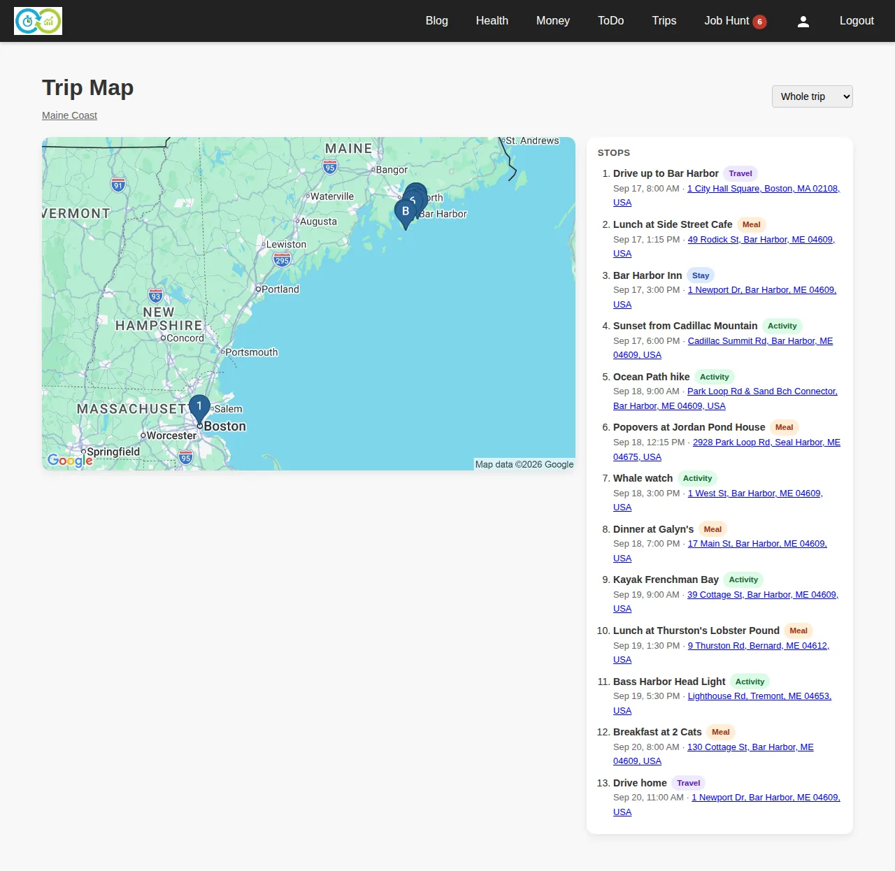 The Trip Map page: a map of New England with numbered pins from Boston to Bar Harbor beside a list of thirteen stops with times and addresses