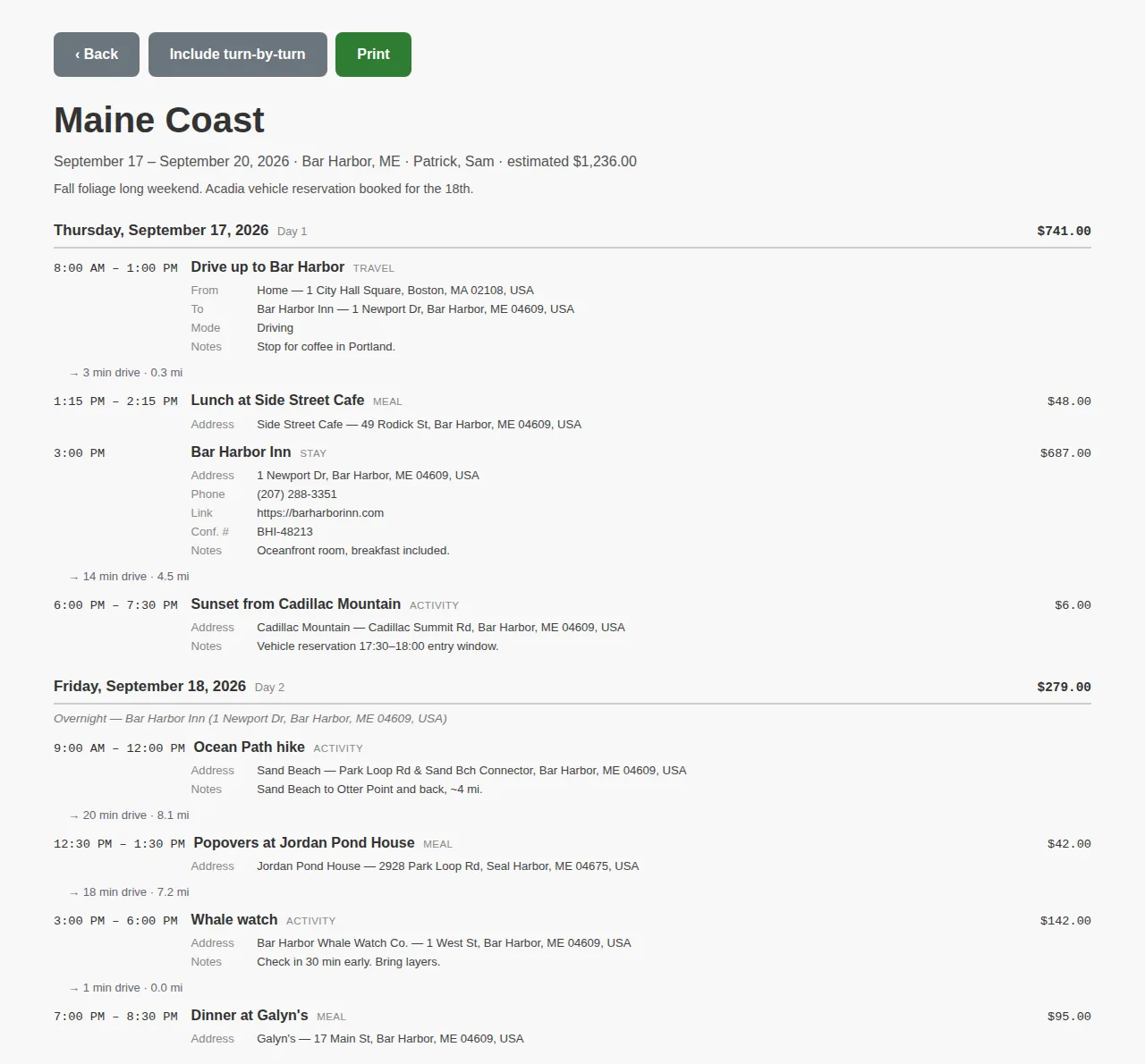 The printable itinerary for a Maine Coast trip: a plain day-by-day list of stays, activities, meals, and drives with addresses, notes, costs, and day totals
